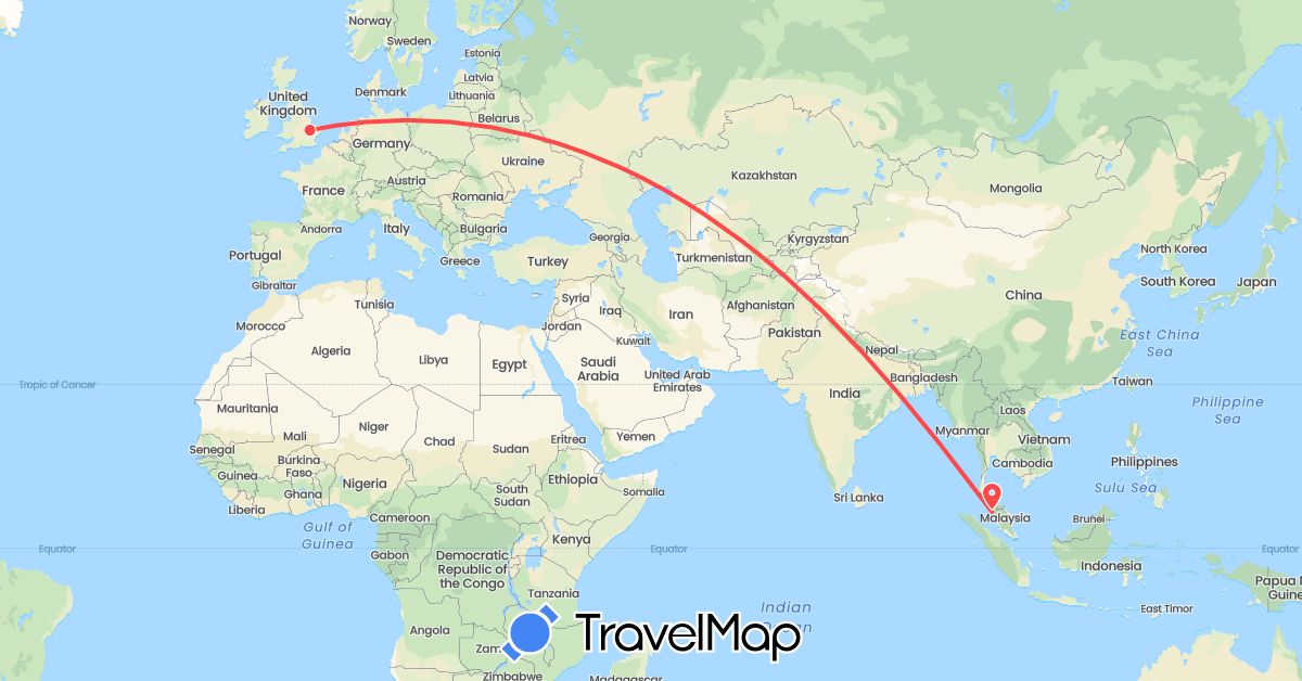 TravelMap itinerary: driving, hiking in United Kingdom, Malaysia (Asia, Europe)